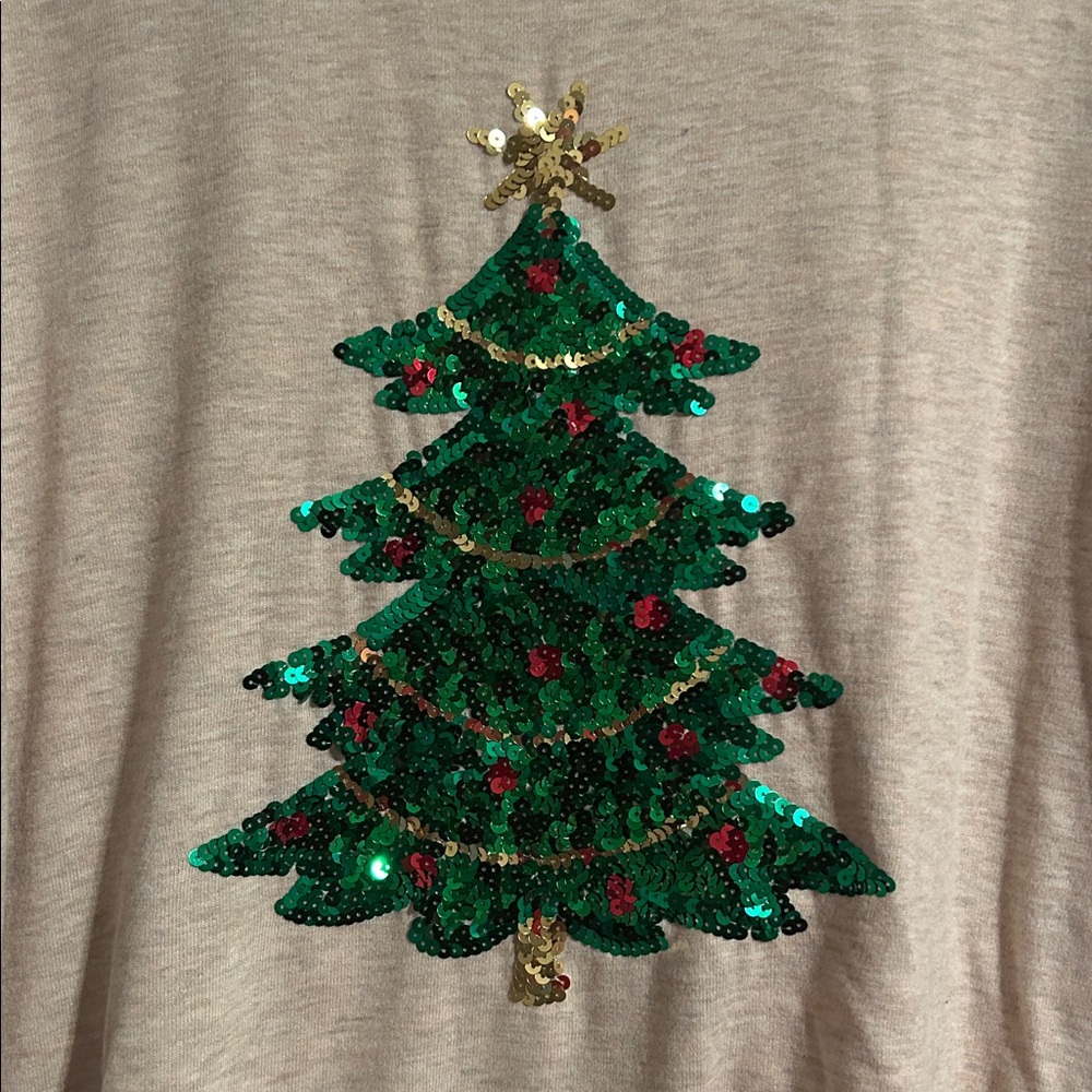 Holiday Time Beige Knit Christmas Tree Sequin Sweater - Picture 2 of 5
